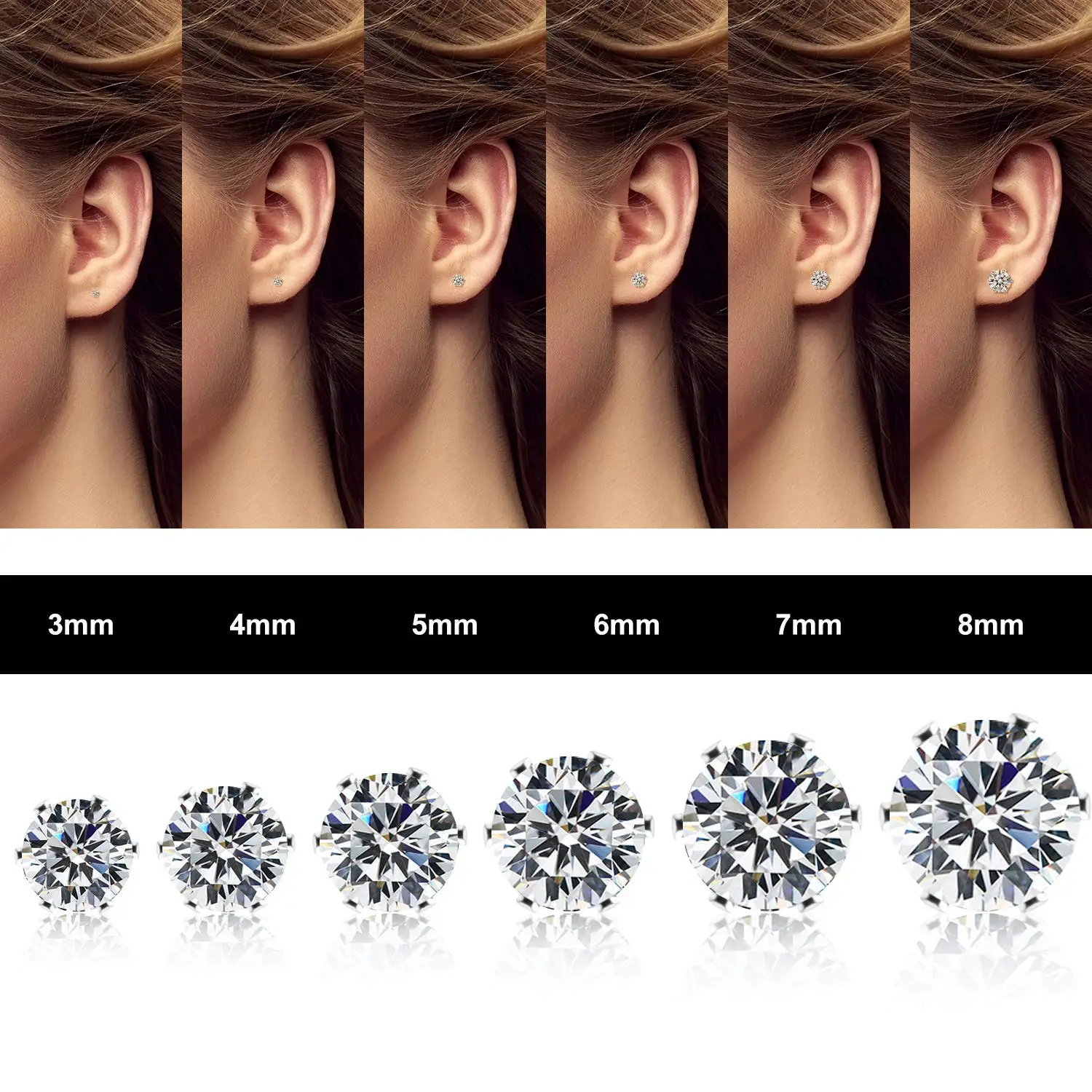 1 Pair 3mm-8mm Medical Stainless steel Crystal Zircon Ear Studs Earrings For Women/Men 4 Prong Tragus Cartilage Piercing Jewelry