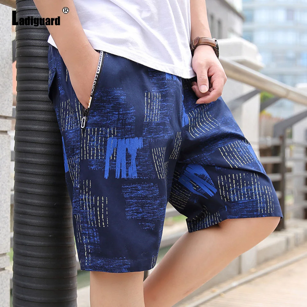 Korean Fashion 3D Print Shorts Men Elastic Waist Zipper Pockets Half