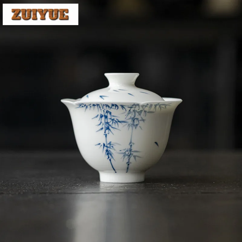 120ml Jade Mud Flower Mouth Gaiwan Hand-painted Bamboo Cover Bowl Boutique High-feet Tea Tureen Tea Maker Chinese Set Gift