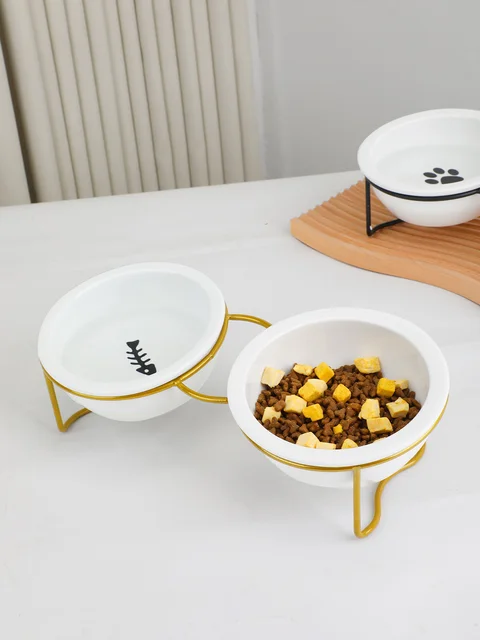 1 Set Elevated Ceramic Cat Bowls 1 Set Non-Slip Ceramic Cat Food And Water Bowls With Iron Bracket, Elevated Tilted Cat Feeder 3