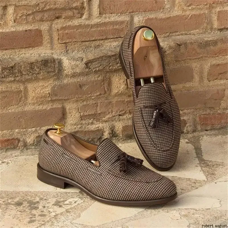 Loafers Men Brown Plaid Tassel Canvas Fashion Business Breathable Casual of Men Shoes Zapatos Hombre