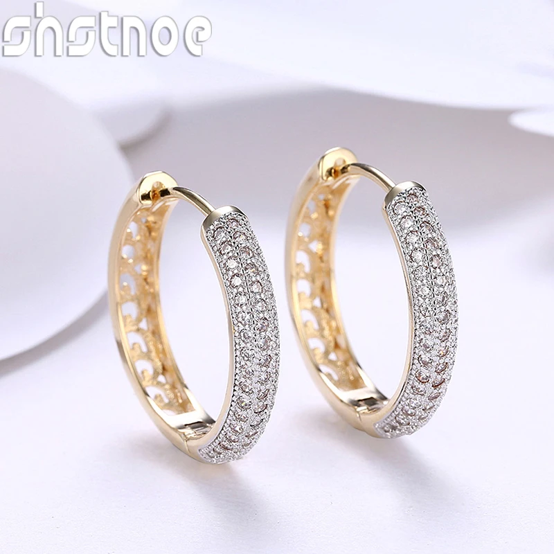 

SHSTONE 925 Sterling Silver AAA Zircon Gold Hoop Earrings For Women Party Birthday Engagement Wedding Fashion Noble Jewelry Gift