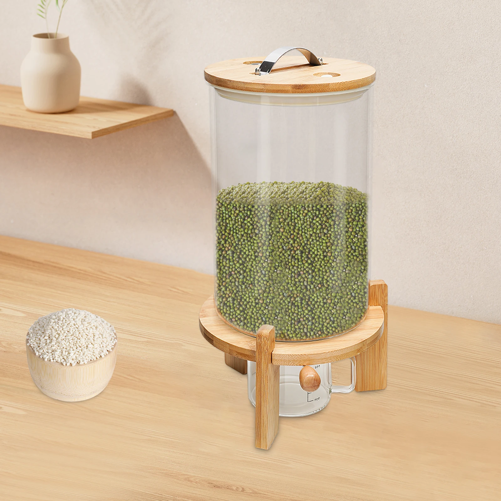 7.5L Creative Flour Cereal Airtight Container Rice Dispenser Glass Food Storage Container w/Wooden Stand for Kitchen 2