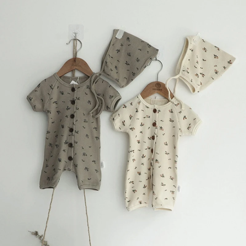 WafflesFloralBabyRomperBabyCostumeCottonNewbornClothingSummer