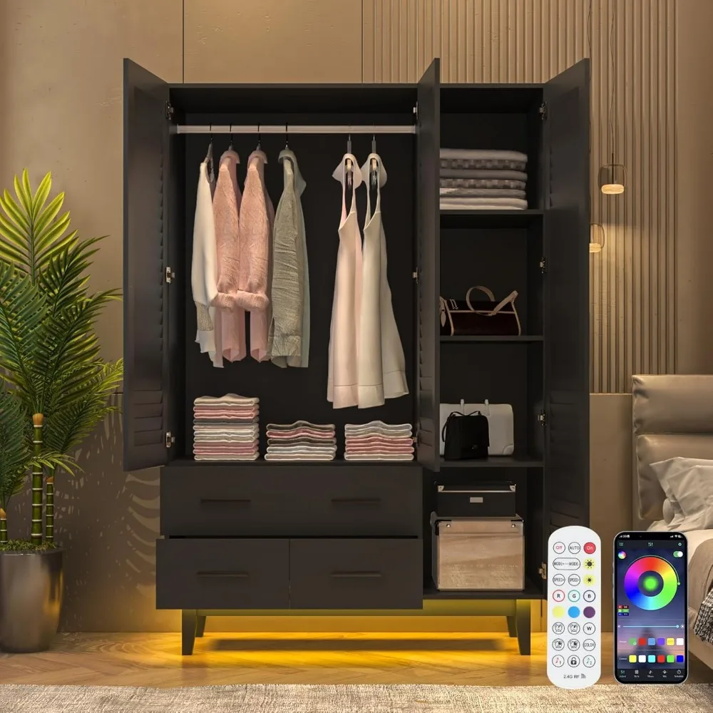 3 Door Armoire Wardrobe Closet Cabinet with Drawers and LED Lights, Multi-Tier Shelves, Hanging Rod & 3 Louver Doors 3