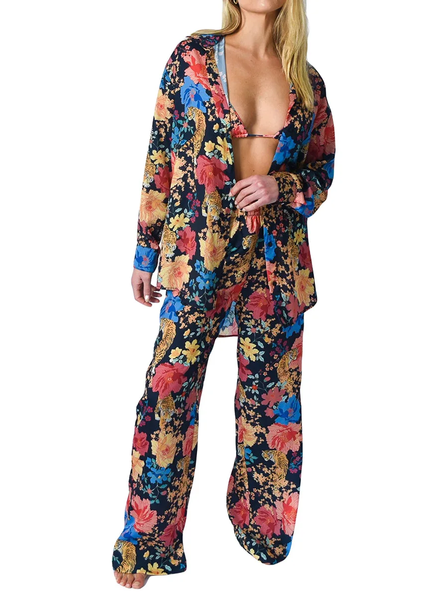 

Новинка 2023, модный сексуальный костюм для девушек без рукавов, с круглым вырезом, женские брюки с принтом и широкими штанинами, летний комплект из 2 предметов