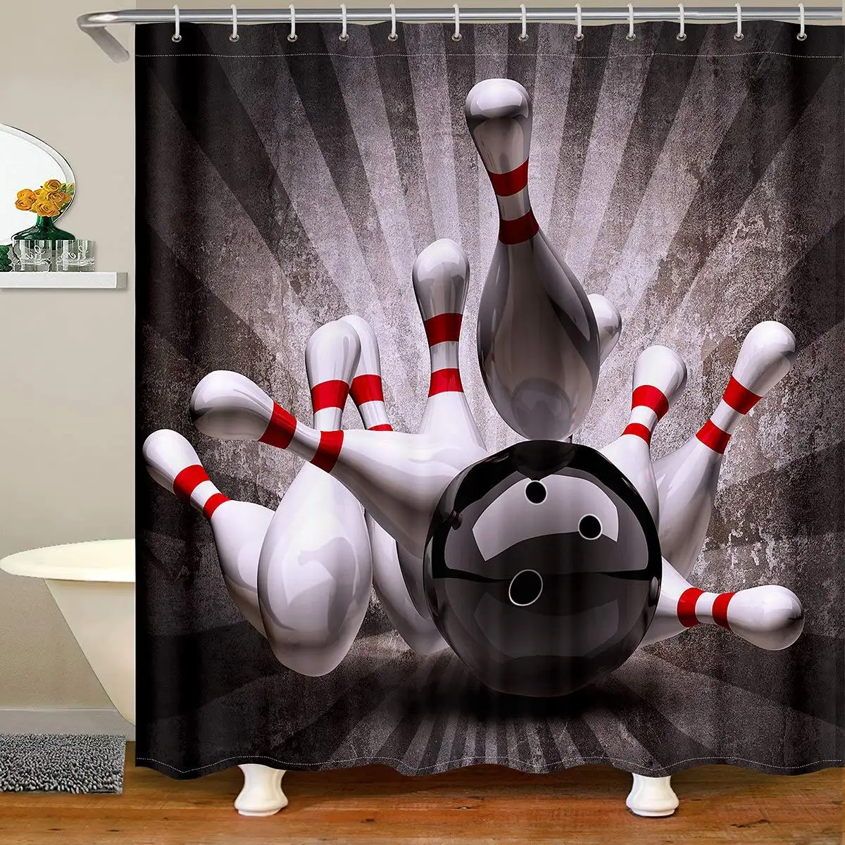 3D Bowling Ball Shower Curtain Sports Theme Bathroom Shower Curtain