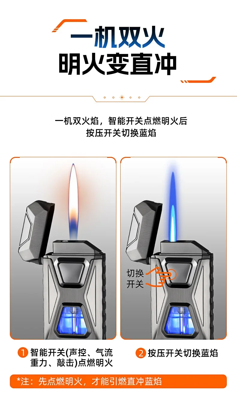 Description Picture 6 of itemHOT Voice Controlled Ignition Dual Flame Butane Gas Lighter Open Fire Switching Jet Fire Visual Gas Window USB Electric Lighters