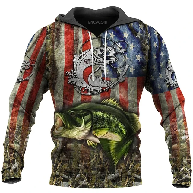 Pike Walleye Fishing Graphic Hoodie Men Clothing 3D America Flag