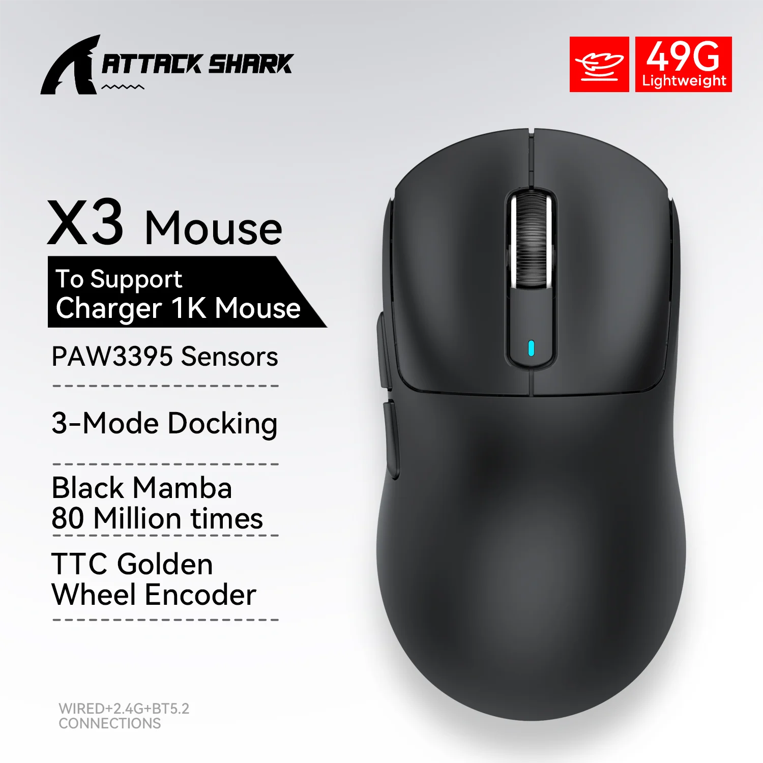 Gaming Mouse X3 PixArt PAW3395 2.4G Bluetooth Tri-Mode Connection 26000dpi 650IPS 49g Lightweight Macro