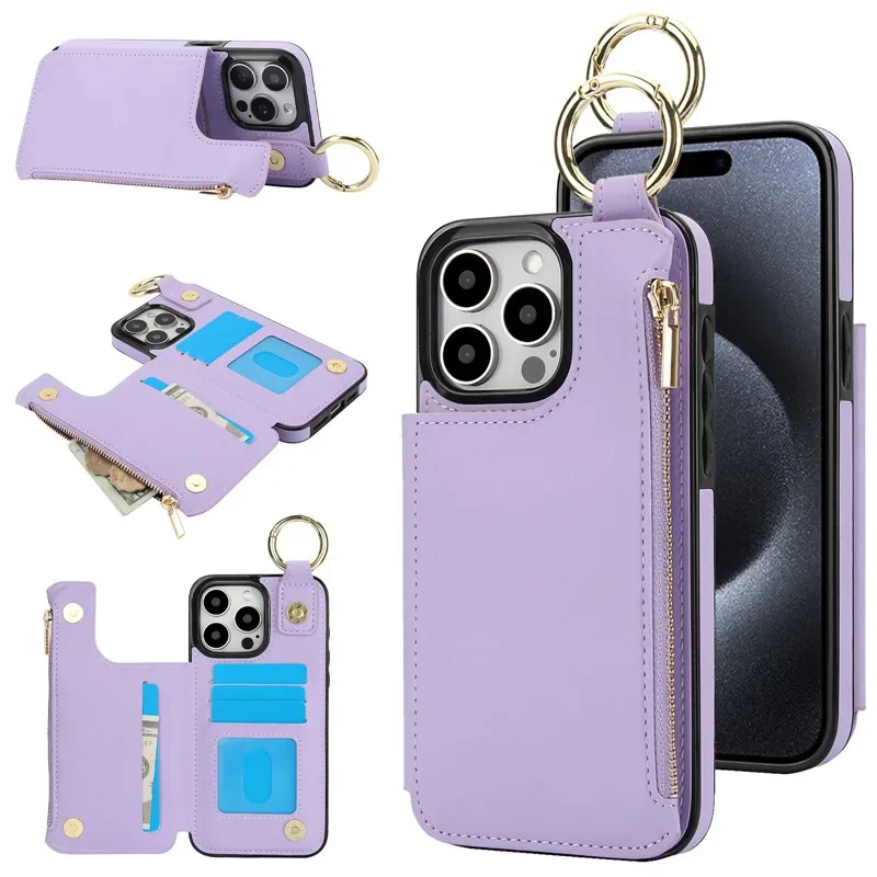 Ring Zip Wallet Card Leather Phone Case with Flip Stand Cover Etui