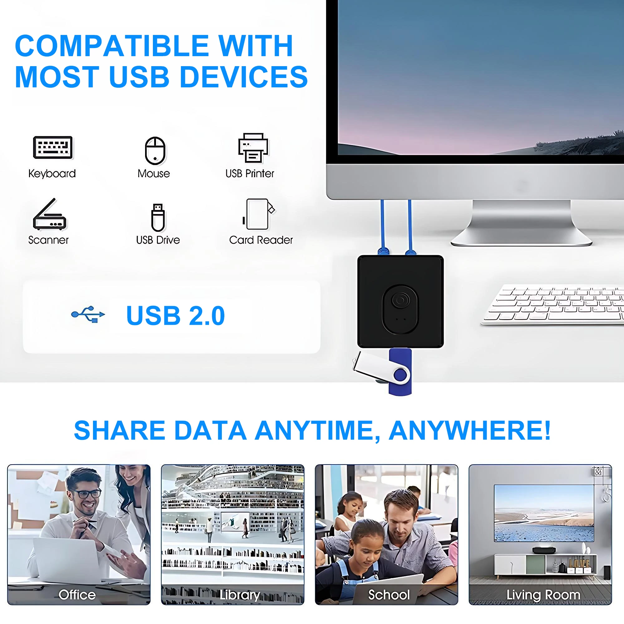 Universal USB 3.0 KVM Switch with Bidirectional Hub and Extender