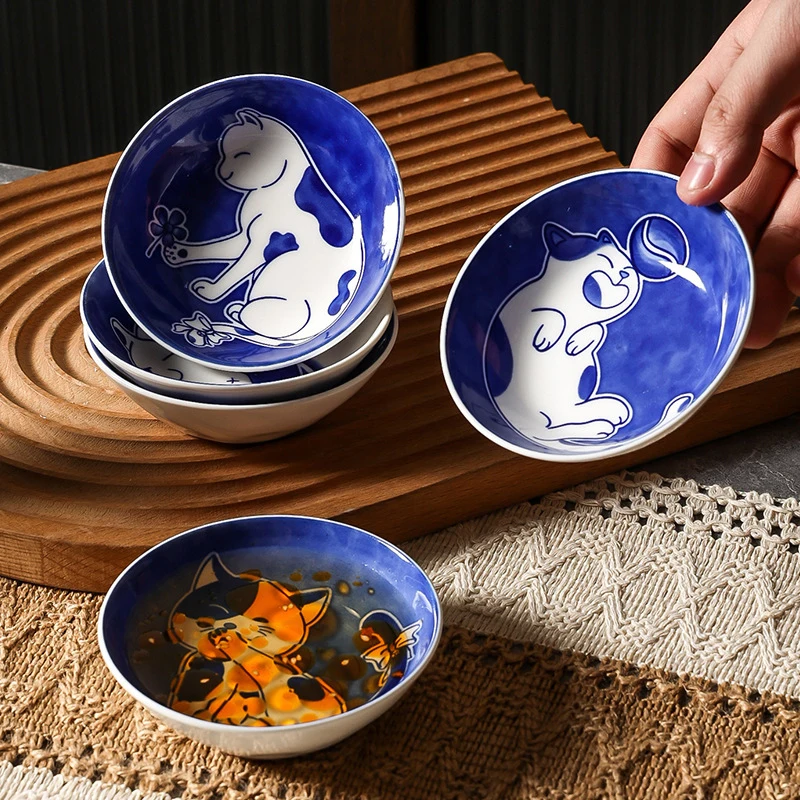 1PC Ins Cute Cute Cat Flavor Dish Ceramic Round Seasoning Dish Children's Cartoon Creative Tableware Vinegar Dipping