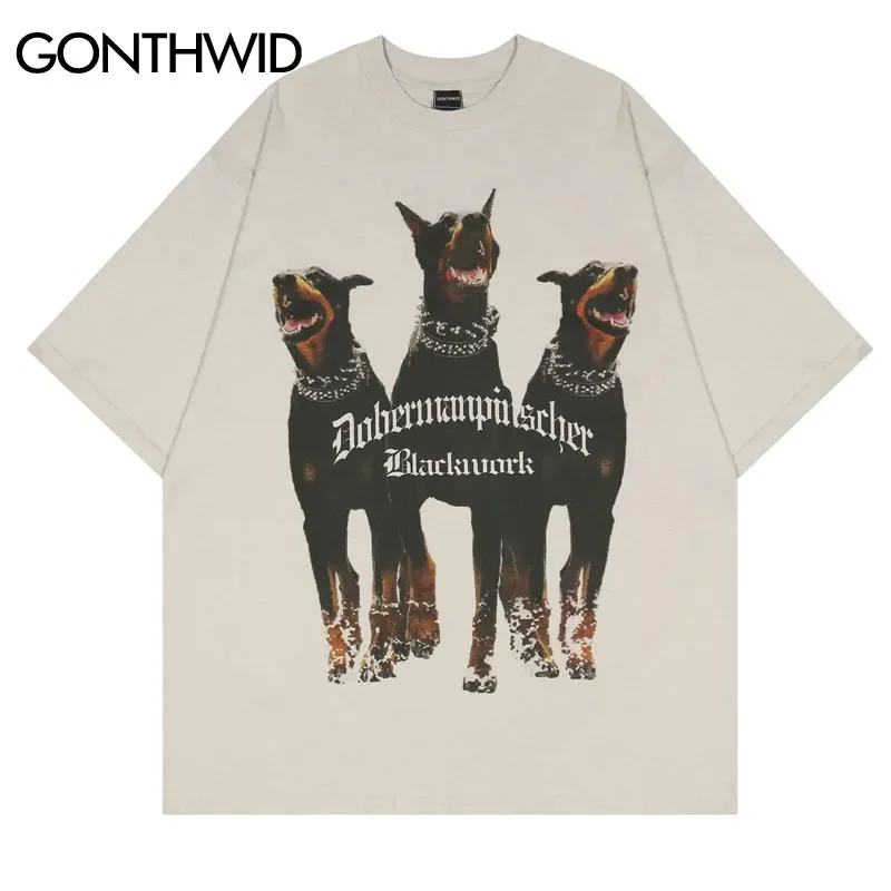 

Mens Gray Oversized T Shirt Streetwear Hip Hop Rottweiler Doberman Print Tshirts Harajuku Casual Cotton Summer Short Sleeve Tees
