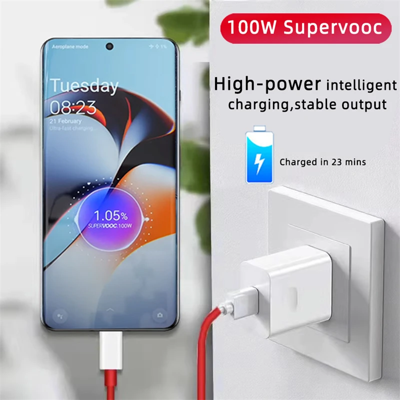 100W SuperVOOC Fast Charging Phone Adapter with USB to Type C Cable