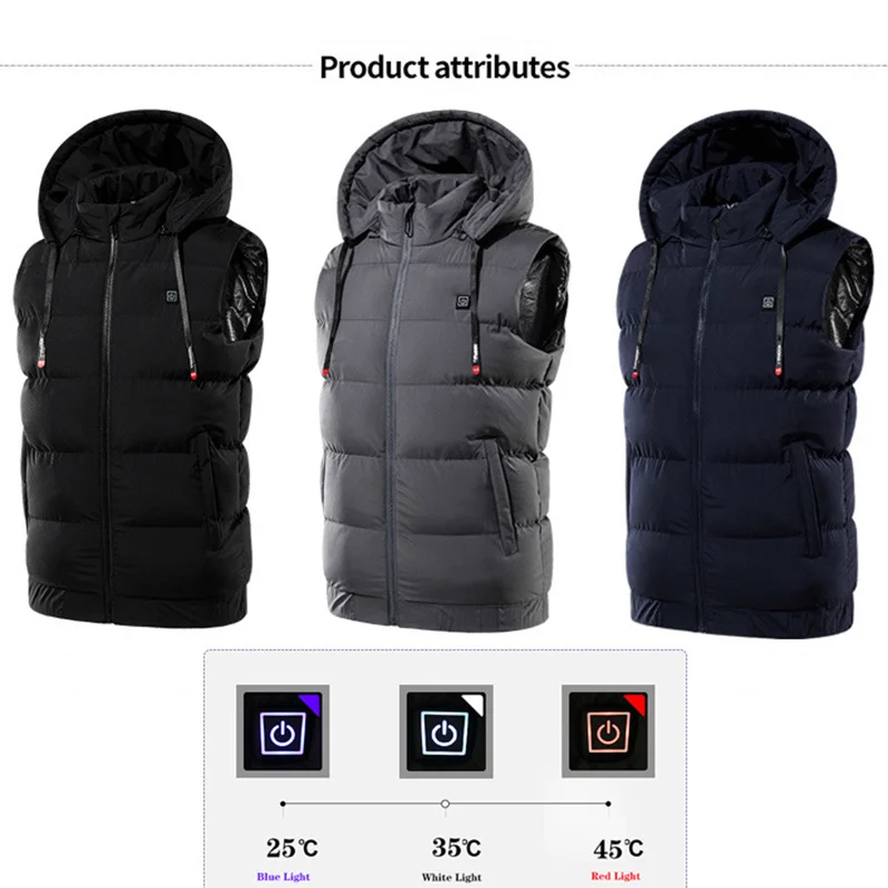 9 Areas Men's Heated Vest Hooded Jackets USB Super Warm Outdoor Hunting Sleeveless Jacket