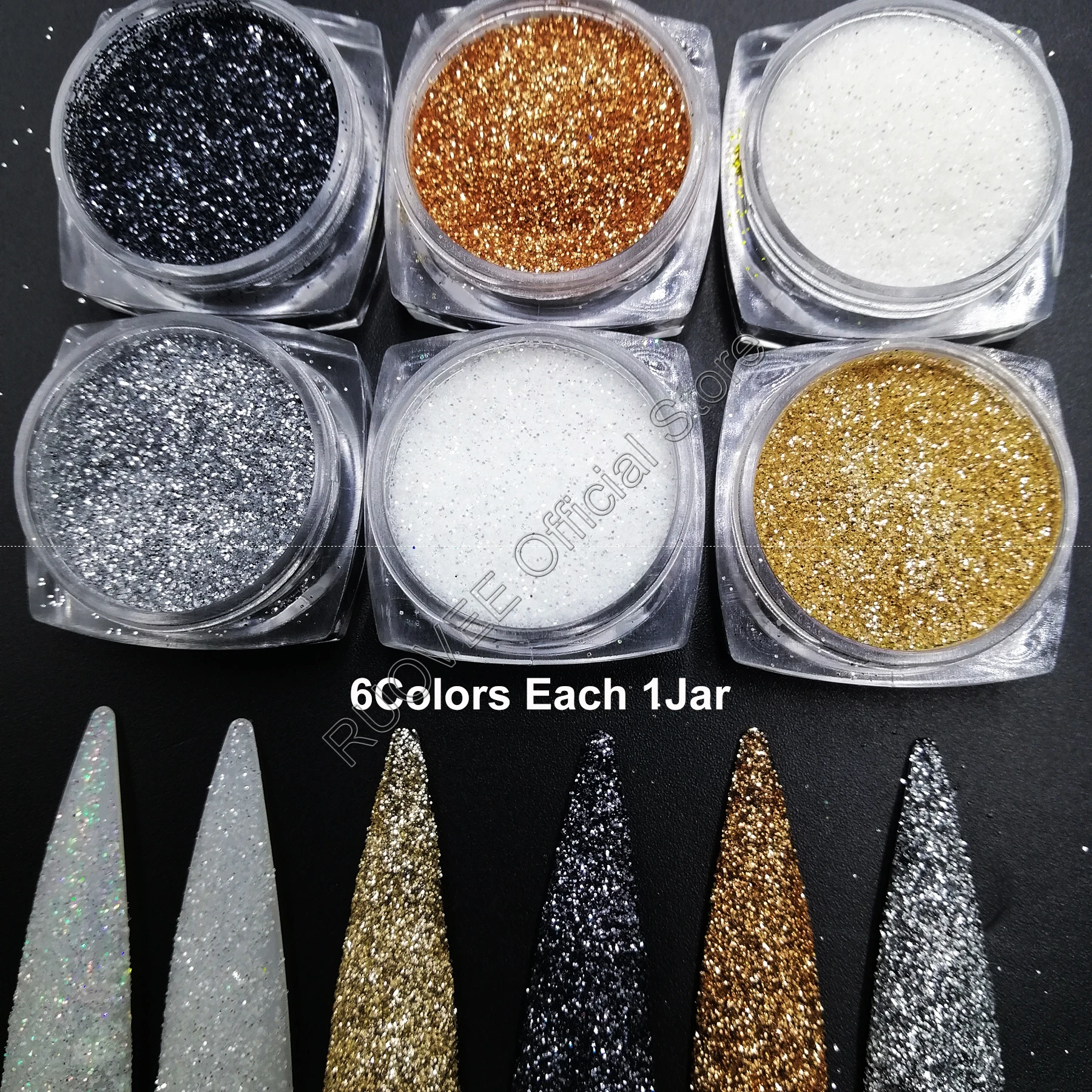 무지개 빛깔의 홀로그램 실버, 블랙 화이트 설탕, 모래 반짝이 더스트 파우더, 네일 아트, 메이크업 공예, 페이스 페인트 텀블러, 6 색, 0.2mm