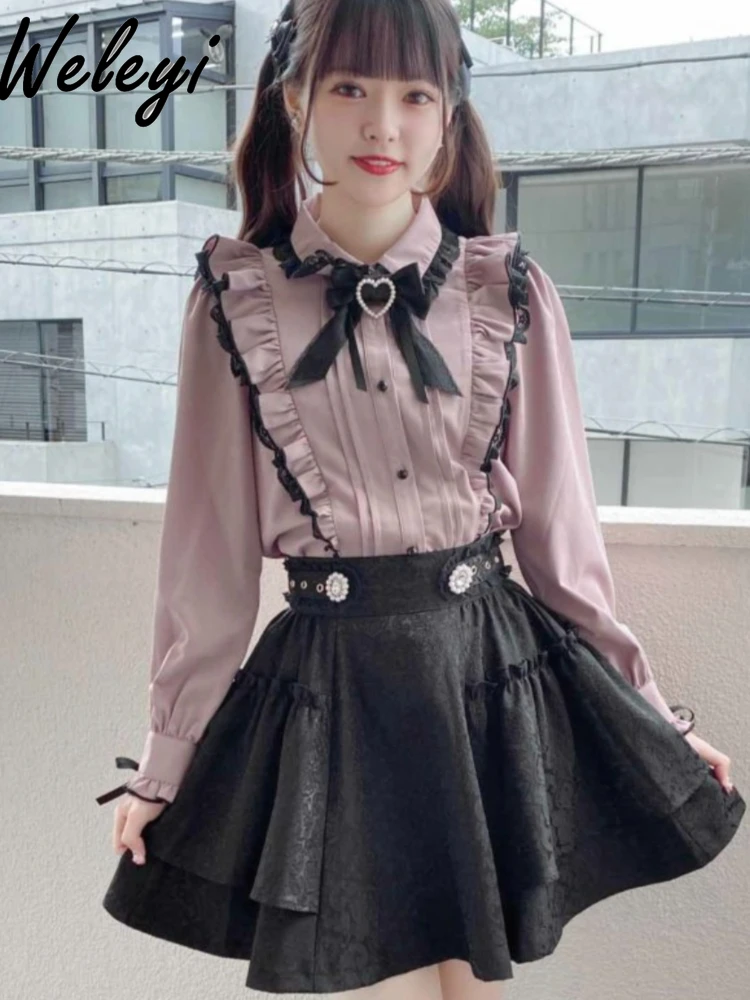 Classic Women's Lolita Style Skirt 2024 Spring and Autumn New Jirai Kei Sweet Beaded Jacquard High Waist Short Skirts for Women