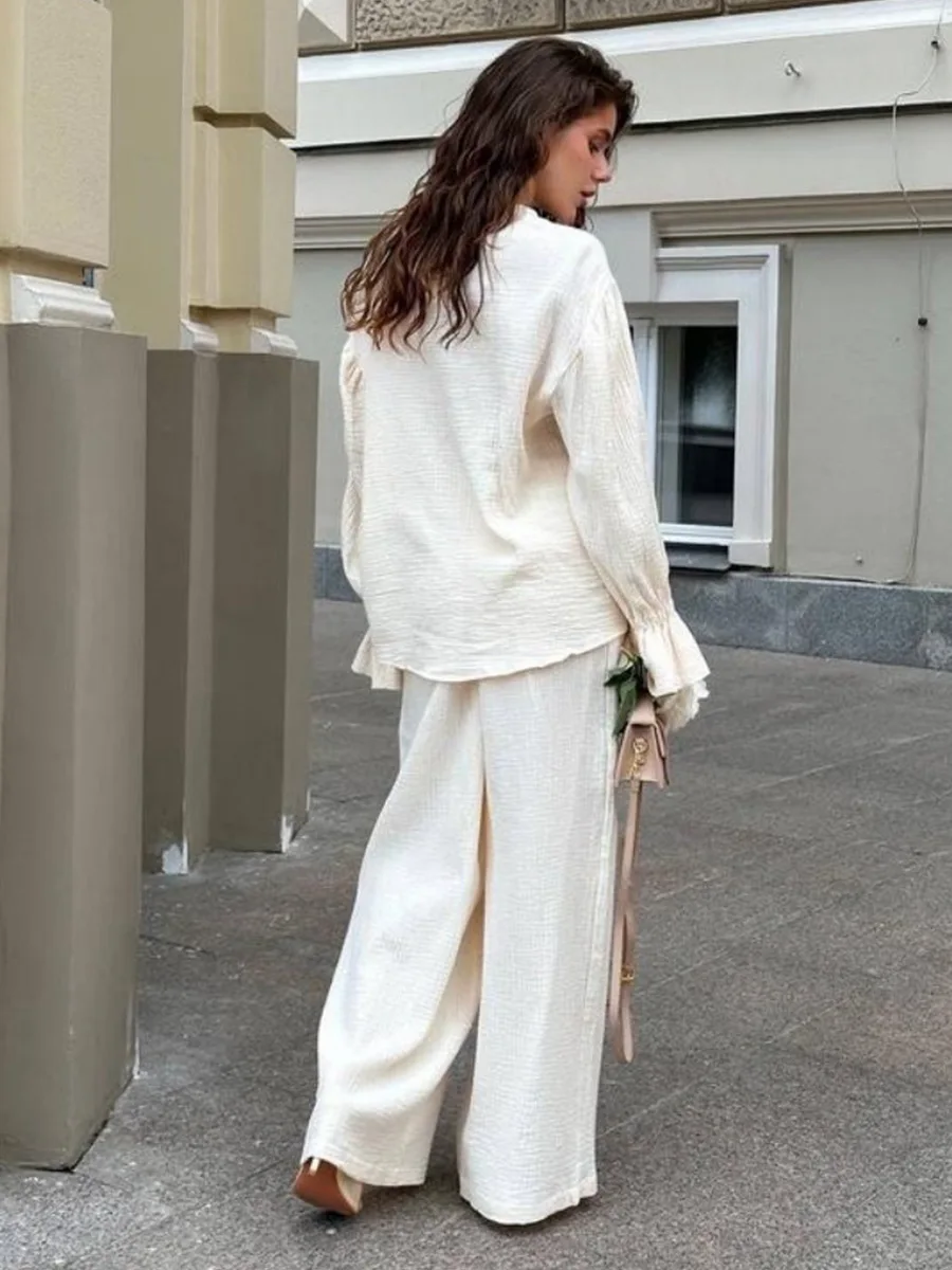 Bornladies Women's New 2025 Autumn Cotton Lantern Sleeve Long Sleeve Set Loose Cardigan Wide Leg Pants 2-Piece Set