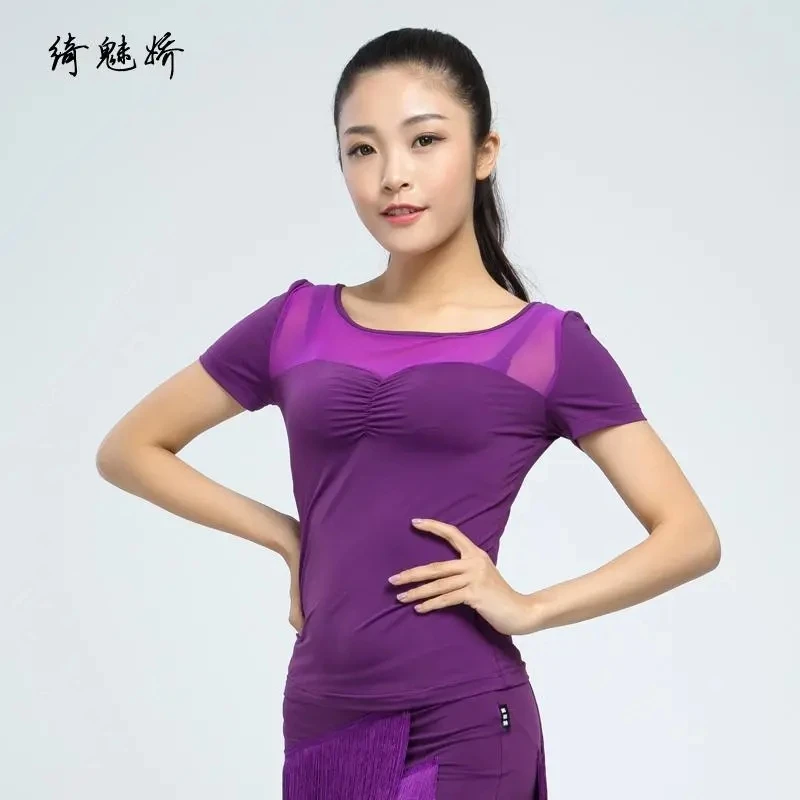 

Latin dance clothing female adult new tops short-sleeved summer women's tops performance costumes practice competition dance cos