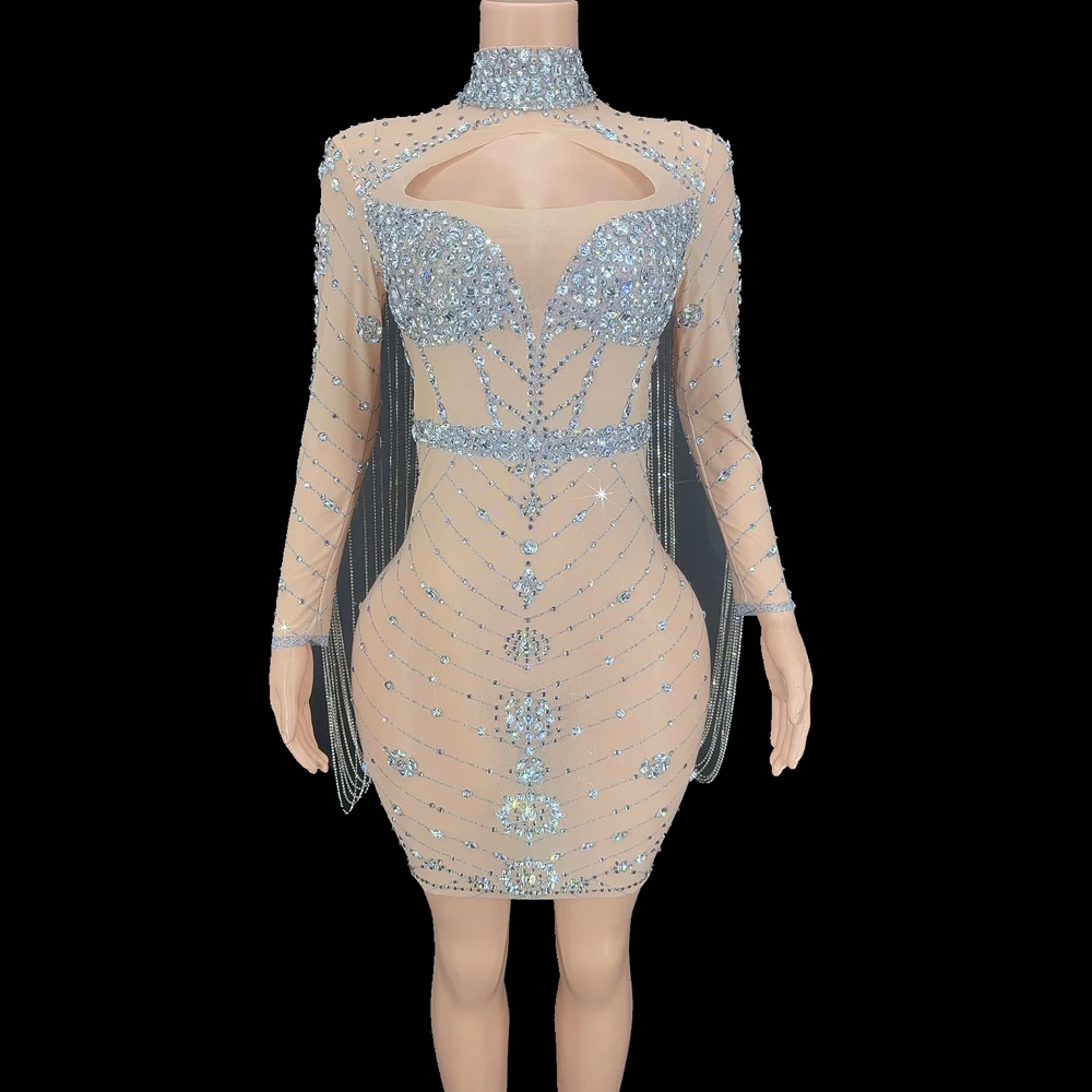 

Sparkly Rhinestones Chains Long Sleeve Short Dress Celebrate Evening Prom Birthday Dress Sexy Mesh Transparent Show Stage Wear