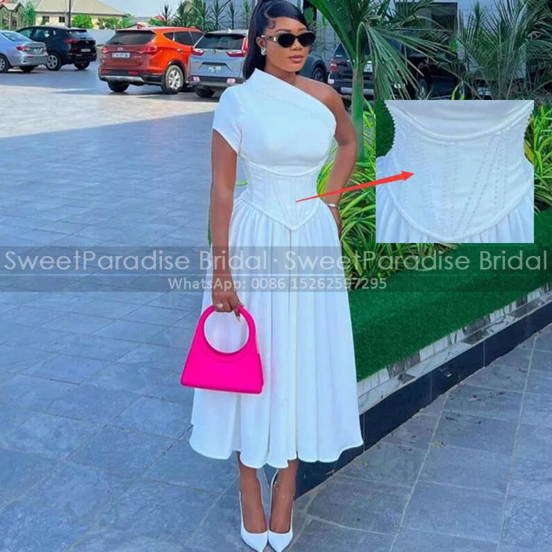 

Heavily Beaded Short Bridesmaid Dresses Pleat A Line Tea Length One Shoulder Sleeveless Wedding Party Dress Maid Of Honor