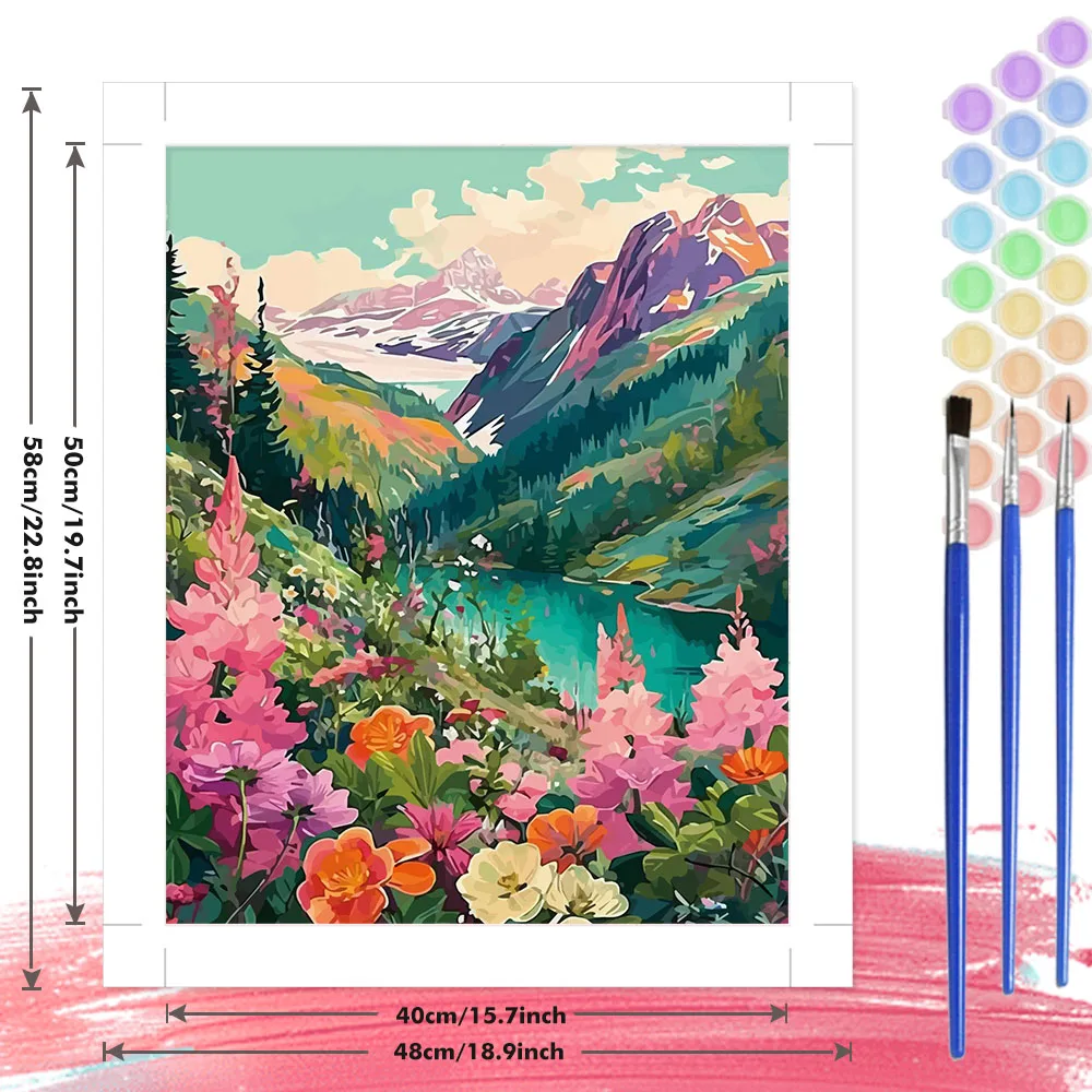 数字による絵画キット 山の谷と花 デジタル油絵 風景着色 アート