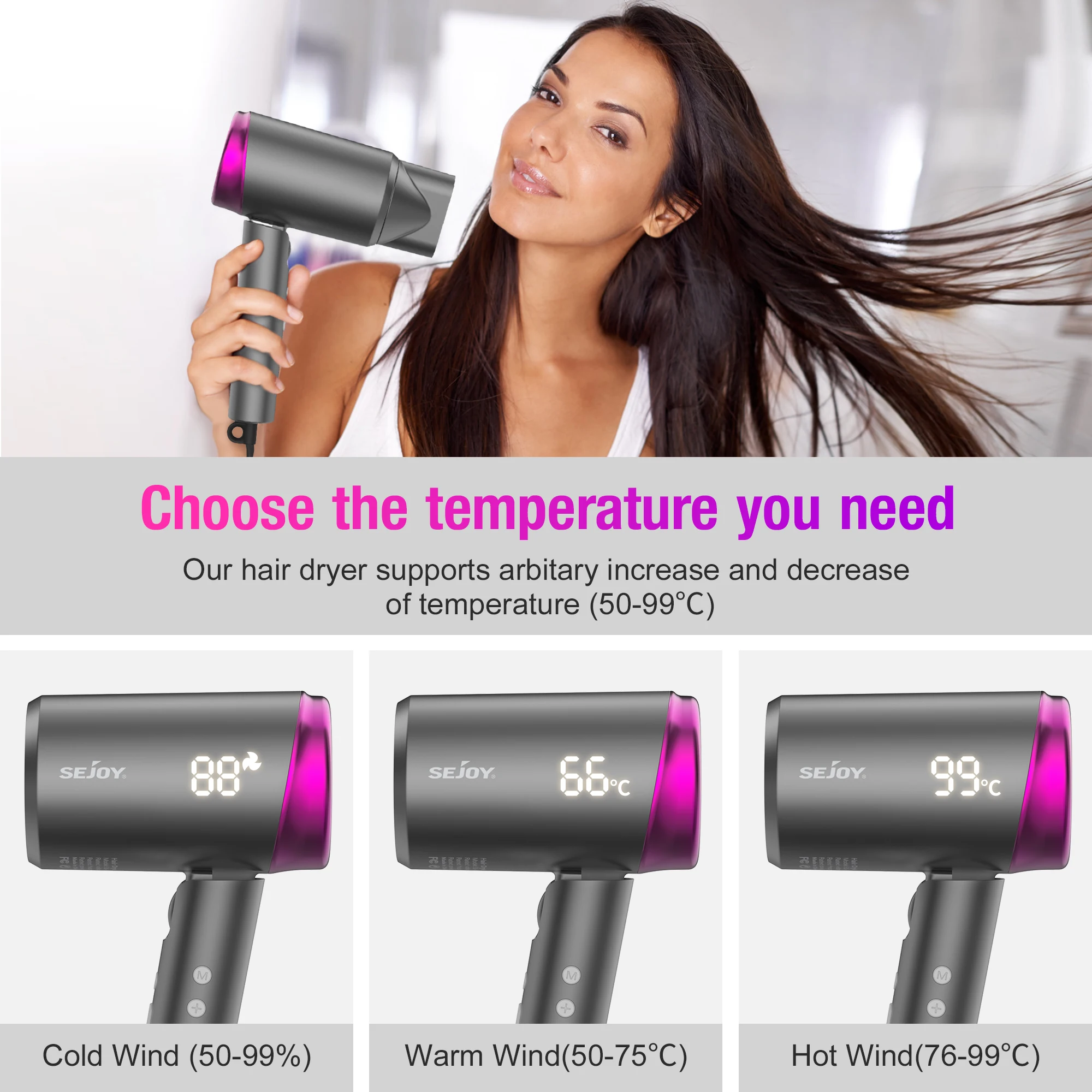 Sejoy High Speed Hair Dryer, 1800W Powerful Fast Blow Dryer, LED Display Negative Ion Hair Dryer Compact for Travel 6