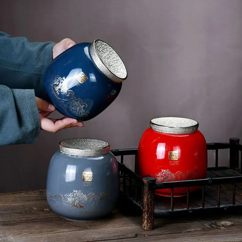 Creative Red Wave Ceramic Tea Caddy with Lid Sealed Moisture-proof Storage Container Coffee Bean Candy Jar Desktop Decoration 2