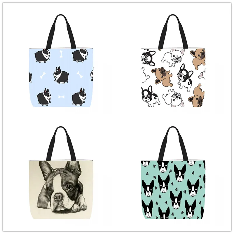 

Cartoon Boston Terrier Dog Customize Tote Bag Printed Traveling Shoulder Bags Eco Reusable Shopping Bags For Women with Print