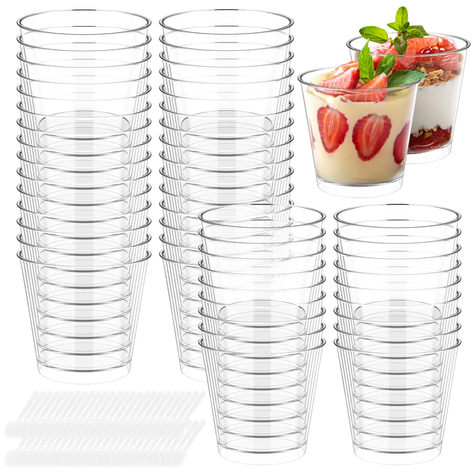 50Pcs Dessert Cups Plastic Pudding Cups with Spoons Mousse Yogurt Dessert Picnic Party Packing Christmas Supplies