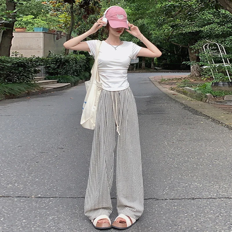 Womens Long Striped Pants New Straight Wide Leg Spring Summer Loose Long Sports Pants Female Suitable Trousers For Female