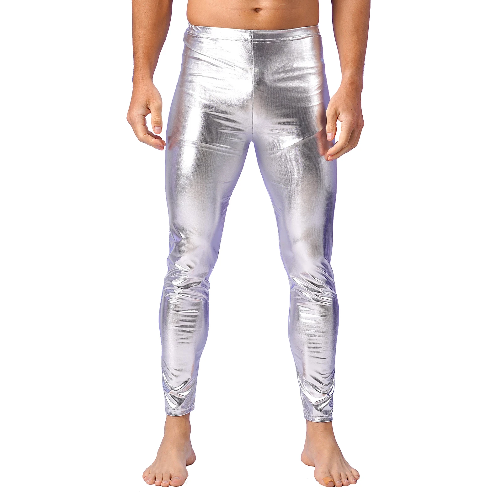 

Mens Tight Pants Metallic Shiny Skinny Long Trousers Pants Straight Pants Dance Slim Leggings for Halloween Nightclub Carnivals