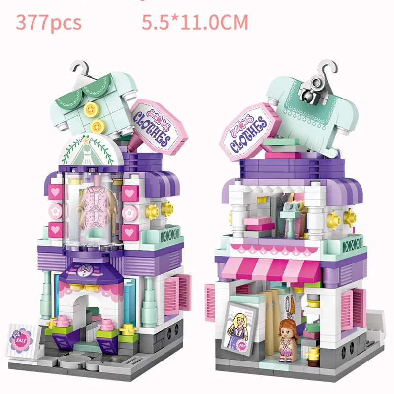 크리에이티브 미니 블록 상업 스트리트 뷰, 헤어 살롱, 베이커리 사진 스튜디오, 의류 매장, 건축 빌딩 브릭, 피규어 장난감