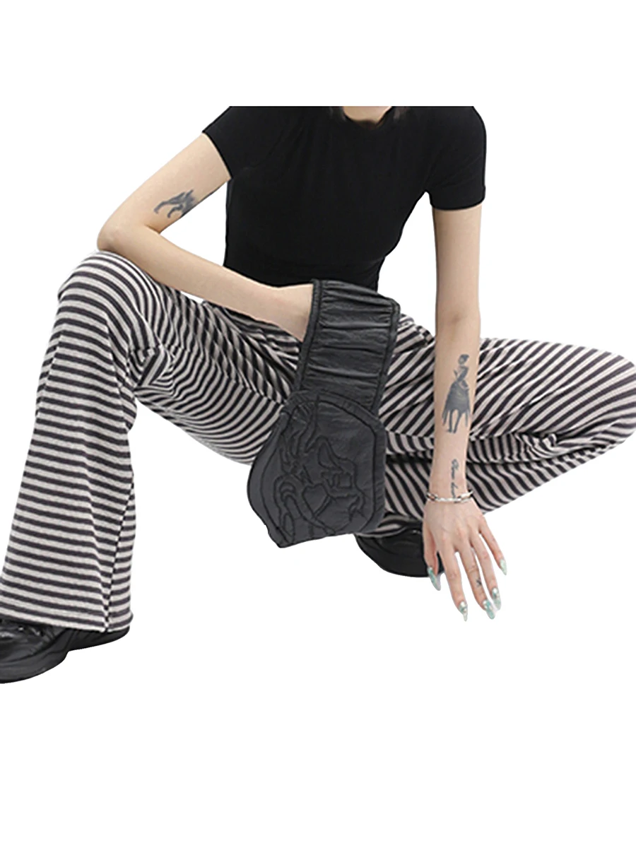 

Женские прямые брюки на шнуровке, винтажные трикотажные брюки для отдыха с низкой посадкой и полосатым принтом