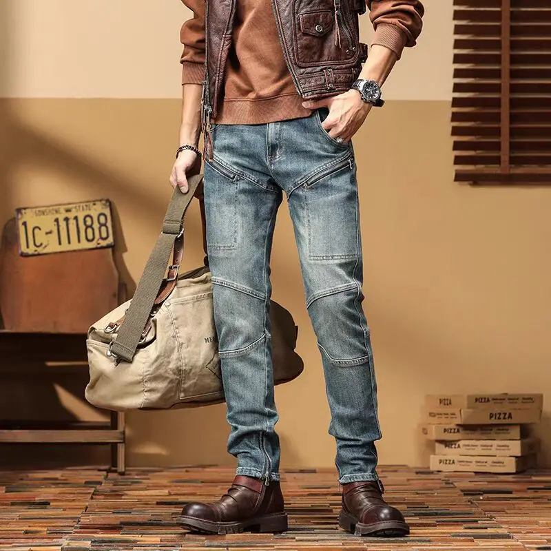 Street Fashion Men Jeans Retro Washed Blue Stretch Slim Fit Spliced Biker Jeans Zipper Designer Patched Hip Hop Denim Pants Men