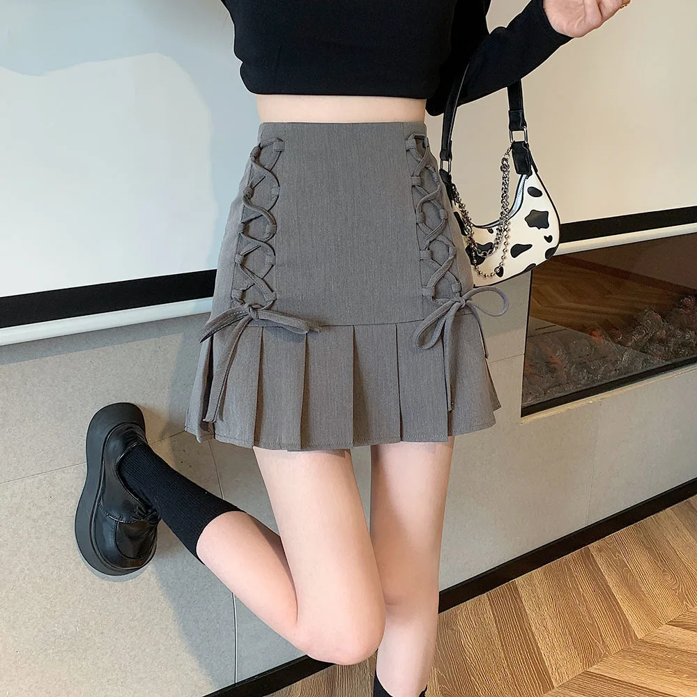 

3 Color 2XL Kawaii Pleated Skirt Women Sexy Bandage Patchwork High Waist Mini Skirts Summer Korean Fashion Harajuku Preppy Style