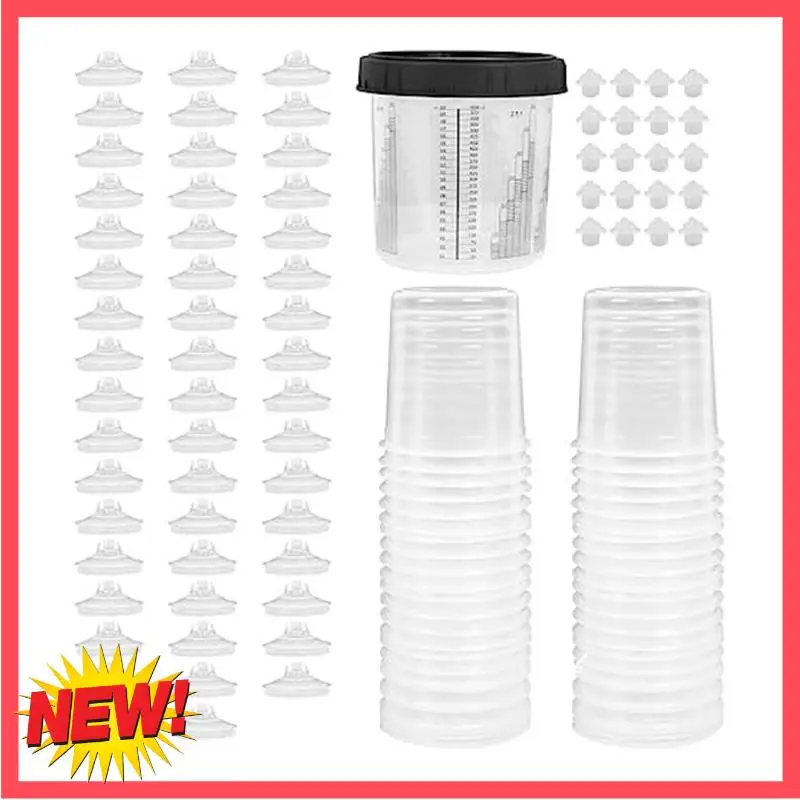 Paint Gun Cup Liner And Lid System Plastic 20Oz Kit 50 Lids 50 Liners 1 Hard Cup With Retaining Ring And 20 Sealing Plugs
