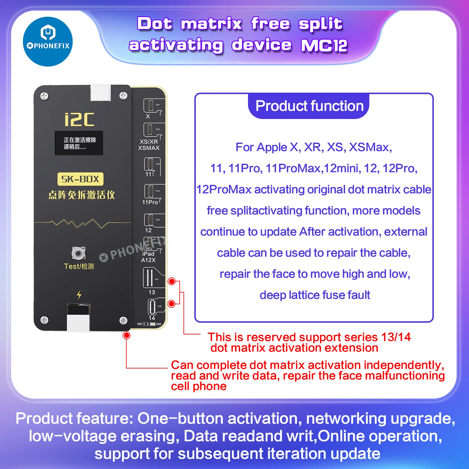 

I2c SK-BOX Dot Matrix Non-dismantling Activator MC12 for IPhone X XR XS 11 12 13 14 Pro Max Dot Matrix Cable Repair Face Id Flex