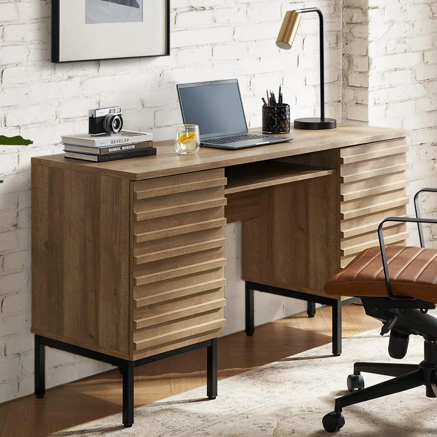 Norwin Executive Desk, Modern Industrial Farmhouse Desks For Home Office, With Sturdy Metal Legs, Fluted Panel Dual Cabinet