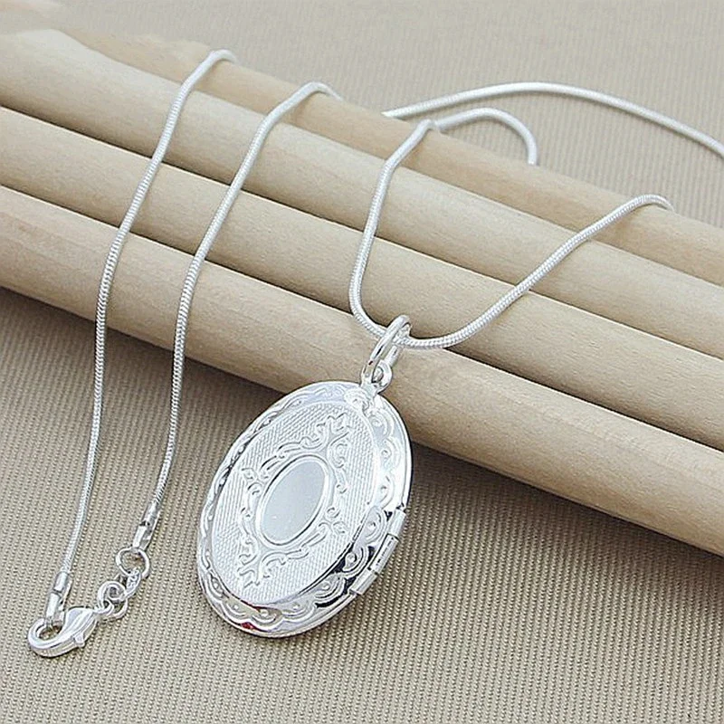 

40-75cm 925 Sterling Silver Oval Round Photo Frame Pendant Necklace Snake Chain For Woman Man Wedding Jewelry