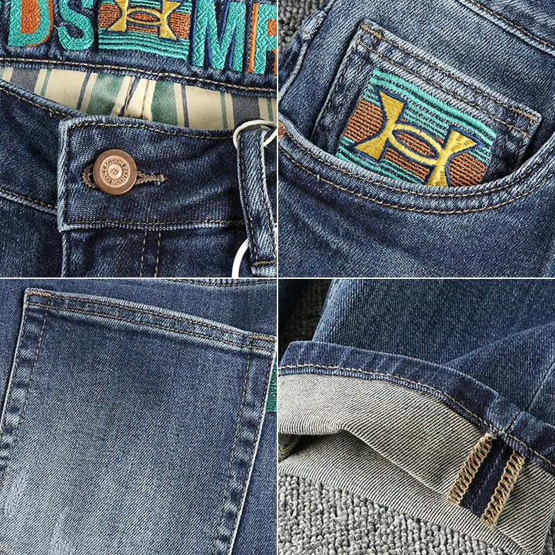 Embroidery Light American Casual Washed Denim Jeans for Men Four Season Slim Fit Straight Stretch Pants Y2k Youth Male Trousers 4
