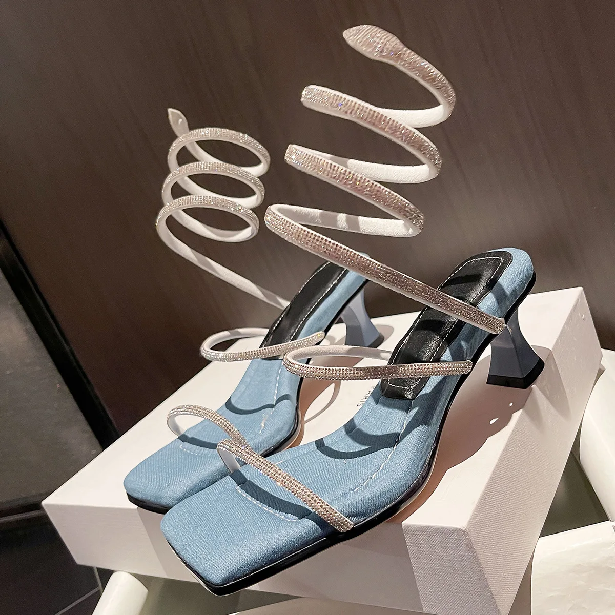Snake Shaped Water Diamond Wrapped Square Headed Straight Toe Strap Slim Heel High Heel Large Sandals for Women