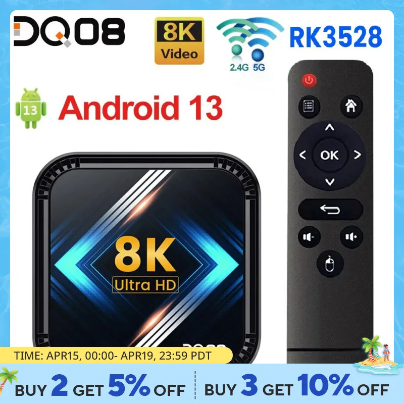 DQ08 RK3528 Smart TV Box Android 13 Quad Core Cortex A53 Support 8K Video 4K HDR10+ Dual Wifi BT Google Voice 2G16G 4G 32G 64G