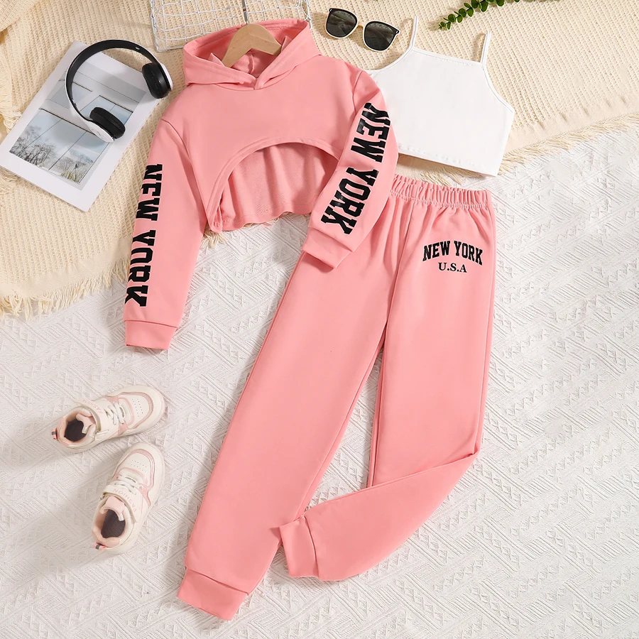 Children's clothing Spring and Autumn fashion girls' set letter printed pink hooded sweatshirt+white vest+pink pants 3 prceset 1