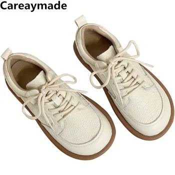 Care-made-정품 가죽 봄 싱글 신발, 부드럽고 편안한 플랫 슈즈, 소 가죽 로우탑 플랫 슈즈, 빈티지 여성 신발