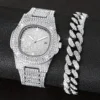 2pcs/set Women's Watch Luxury Rhinestone Quartz Watch Analog Stainless Steel Wrist Watch With Bracelet Set, Gift For Mom Her 1