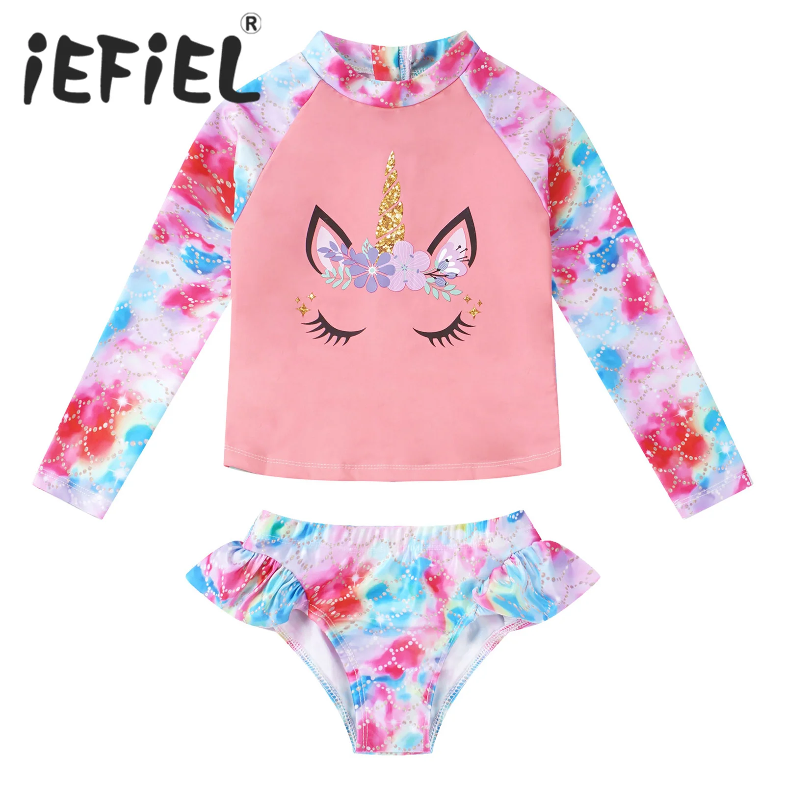 2Pcs Kids Girls Fish Scales Print Swimsuits Beach Outfits Cartoon Horse Print Tops and Briefs Set Beach Swimwear Bathing Suits children swimsuit