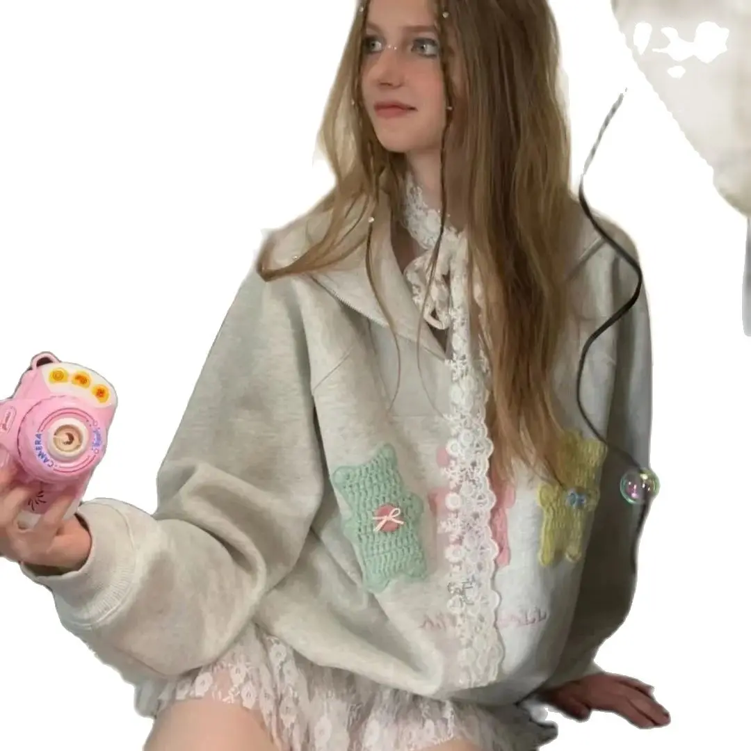Bear Patch Sweatshirt Half Zip Turn-Down Collar Pullover Female Girl Preppy Kawaii Clothes Korean Style Streetwear