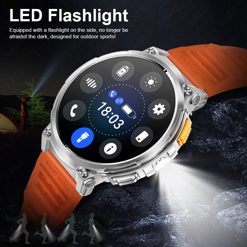LIGE K66 Smart Watch Men Flashlight Bluetooth Call 1.85inch 128MB Memory 730mAh Large Battery LED Light Outdoor Sport Smartwatch